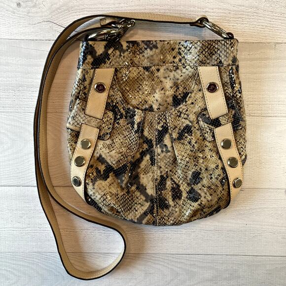 B Makowsky Leather Faux Snakeskin Crossbody Bag - Beige, Black - Picture 16 of 16